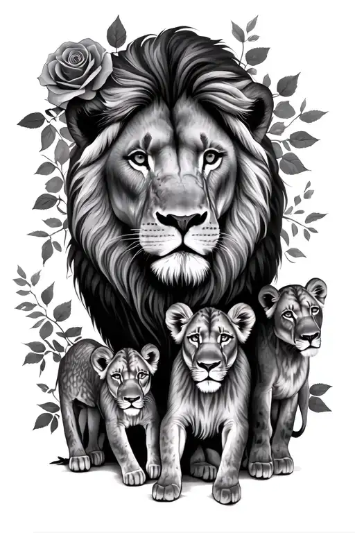 1 King Lion With 1 Lioness And 1 Lioness With 2 Cubs With Roses