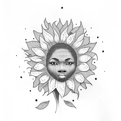 Dotwork Silhouette Of A Black Woman Walking With Sunflowers As Her Shadow