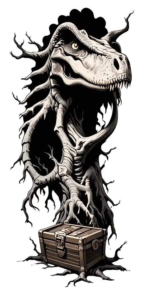 Make Me An Image Of A Tattoo With Tree Roots Dinosaurs Bones Treasure Chest And Treasure