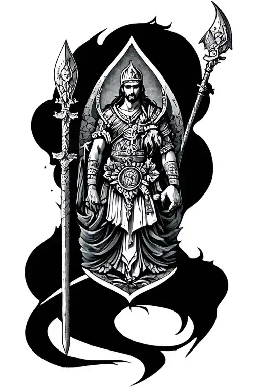 A Tattoo With A Motif Of Slavic Deities In A Dark Atmosphere