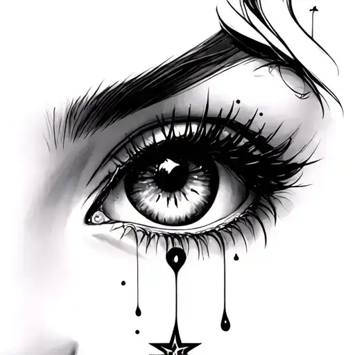 A Pair Of Expressive Feminine Eyes With Outlined And Star -Shaped Tear Or Moon