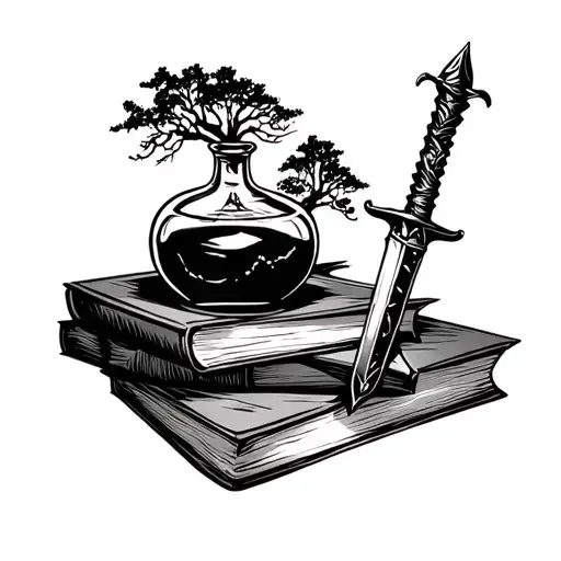 Stack Of Books With Trees And An Old Poison Bottle And Dagger