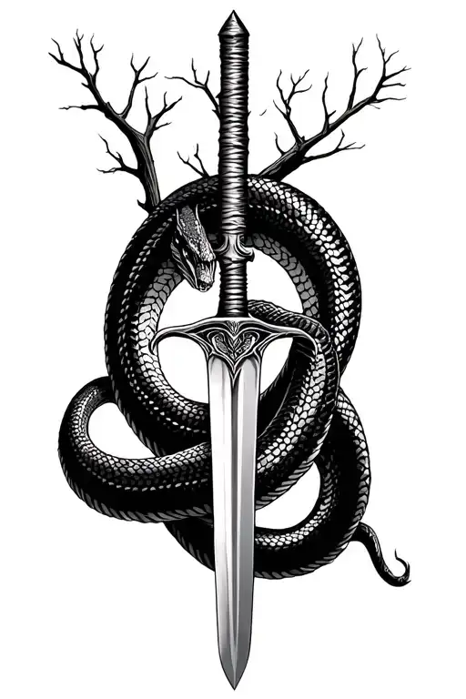 Snake Coiled Around A Sword In The Middle Of A Tree With No Leaves