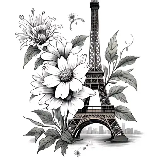Eiffel Tower With Edelweiss Flower And Australian Wattle Flower