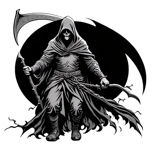Hooded Reaper Holding Scythe Walking Across
