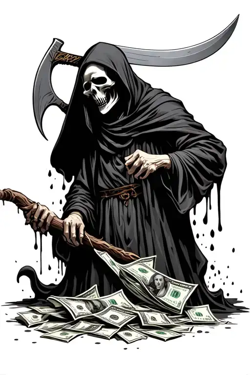 American Traditional Style Grim Reaper With A Scythe Going Through Money That's Bleeding