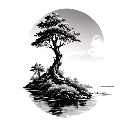 Tree With Bushes On Edge Of River Flowing