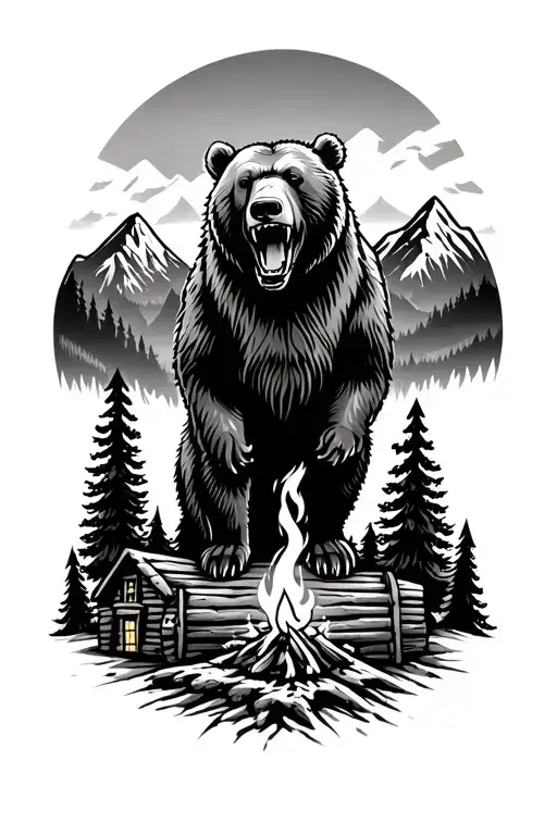 Grizzly Bear Roaring With The Top Having Redwood Trees And Mountains Also A Campfire And A Log Cabin