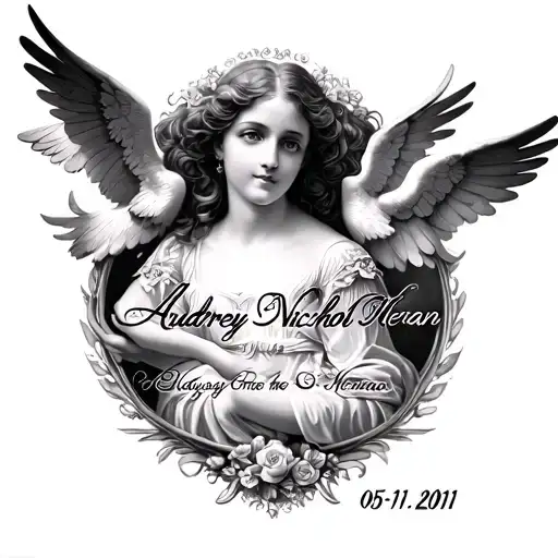 Name Audrey Nichol Herran In Cursive With Angels Around It And The Date 05-11-2011 Under It