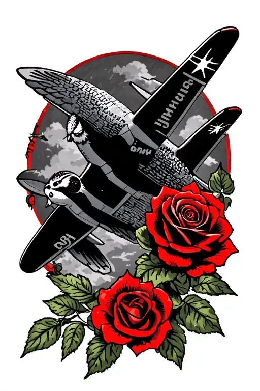 B17 Bomber Plane Flying A Red Owl And A Rose Intertwined