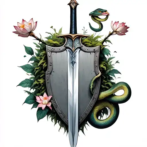 Sword Crossing A Shield Over Grown With Moss And Lotus Flowers And A Snake Wrapped Around The Snake