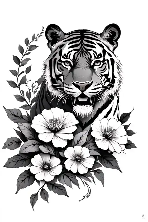 Tiger And Flowers Intertwined Strength