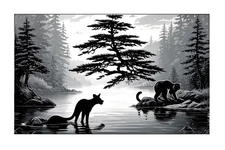 Puma In A Lake Surrounded By Monkey Puzzle Tree