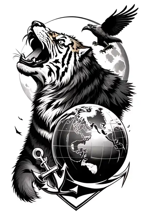 Wolf Howling At Moon With Tiger Showing Teeth And An Eagle Globe And Anchor
