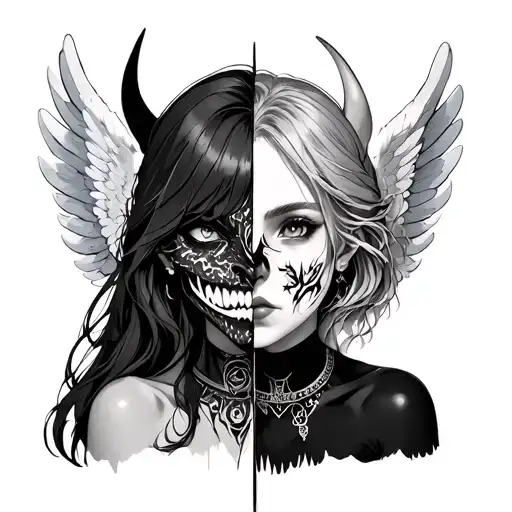 Anime Girl Split Face Design Angel And Demon Side