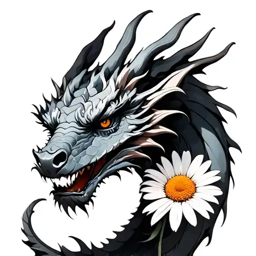Black And Grey Tattoo Dragon Head With Daisy Flower