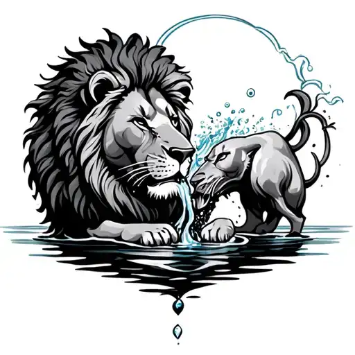 A Lion Drinking From An Aquarius' Water