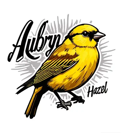Yellow Finch Bird Standing Proudly With The Word Aubryn Hazel