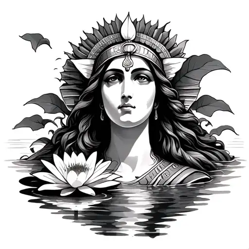 Goddess Isis Emerging From Torso Out Behind A Water Lily Flower And Lily Pad