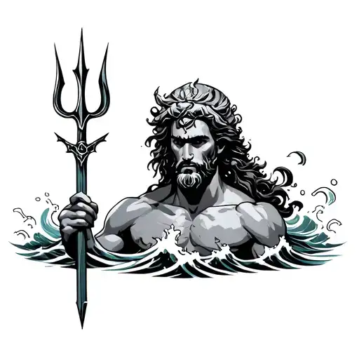 Poseidon With Trident With Waves Crashing In The Background