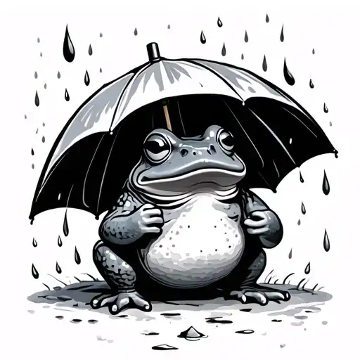Simple Tattoo Of Sad Fat Frog Holding An Umbrella And It's Raining From The Inside Of The Umbrella