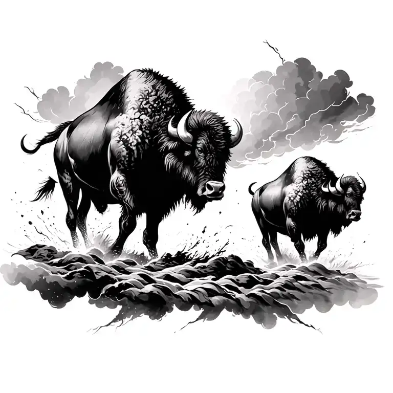 Buffalo Running Into Storm Clouds