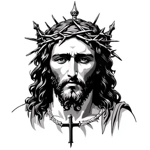 Jesus Wearing Crown Of Thorns With 3 Crosses Underneath