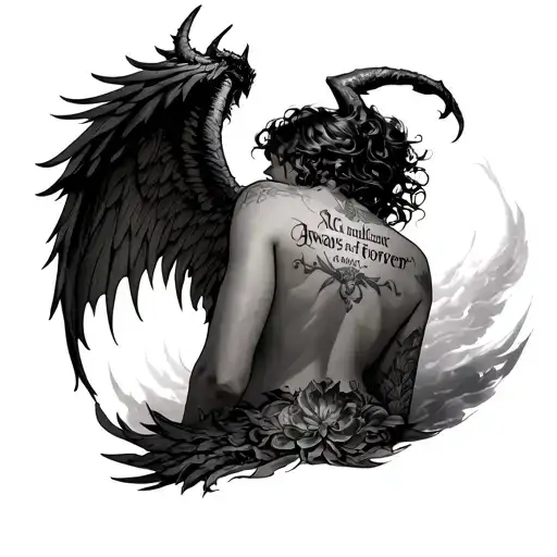 Demon Wings On My Back Tattoo With Latin On My Spine That Says Always And Forever