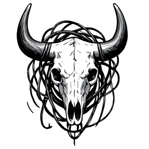 Bull Skull With Barber Wire Wrapped Around Its Horns