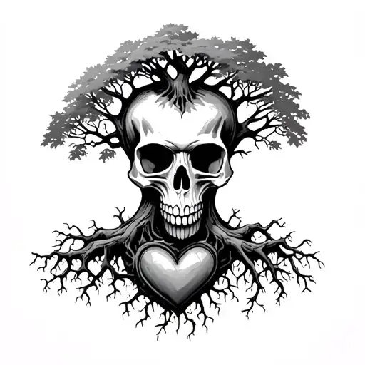 Front Facing Skull With Oak Tree Growing Through It With A Long Trunk That Roots Form A Heart