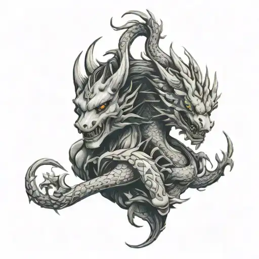 Human Male And Female Lovers Intertwined With Dragon Heads On Human Bodies Wrapped