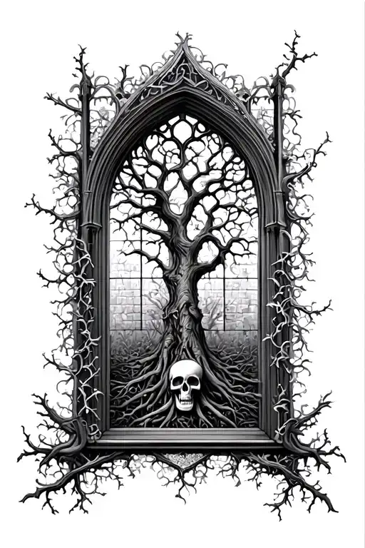 Gothic Cathedral Window View Of A Family Tree And Vines And Skulls And Lace
