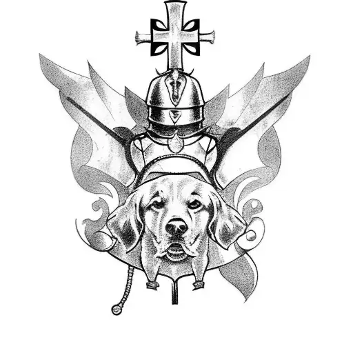 A Tattoo Of A German Knight With A Cross And A Dog By His Side