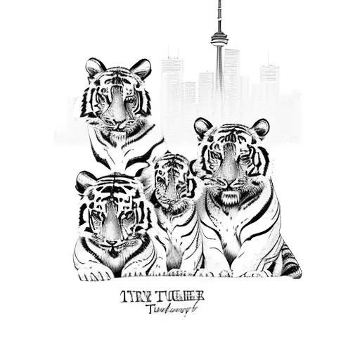 A Family Of Tigers With Toronto Skyline In The Background
