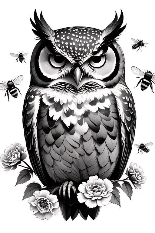 Owl With Carnations And Bees Flying