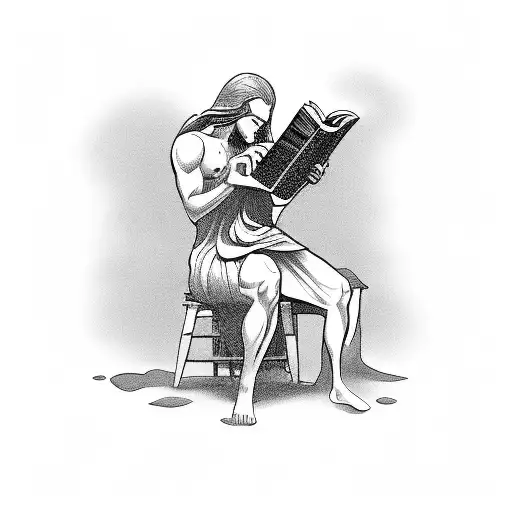 A Black And Grey Tattoo Of A Greek God Or Goddess Reading A Comic Book