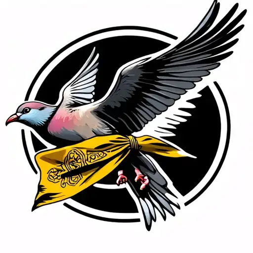 A Dove Flying With A Yellow Bandana Placed On His Neck