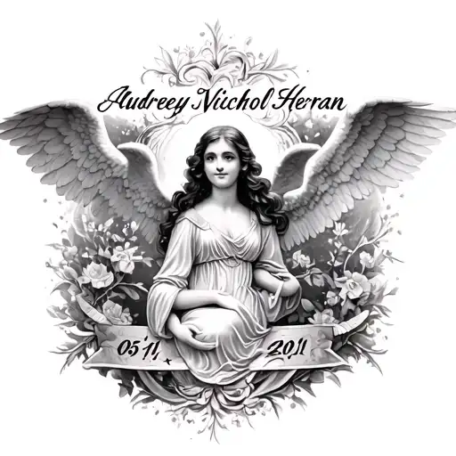 Name Audrey Nichol Herran In Cursive With Angels Around It And The Date 05-11-2011 Under It