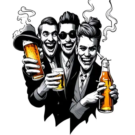 Four To Five Funny Looking Characters Holding Beers Smoking Cigarettes