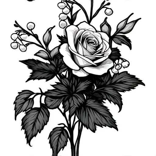 Lily Of The Valley And Rose Bouquet Fine Line Drawing Outline