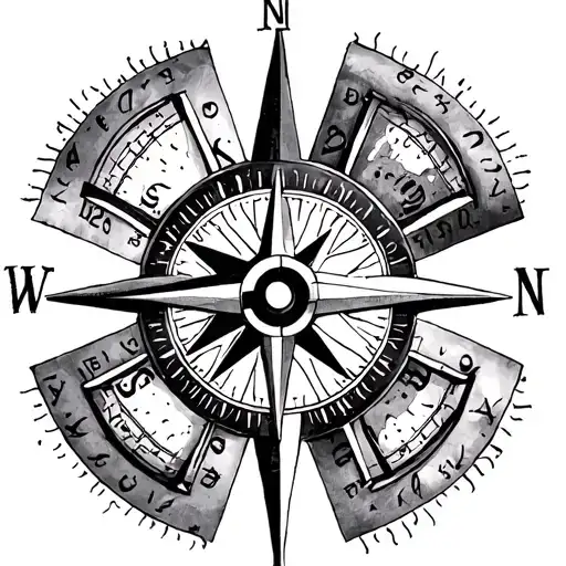 Compass Rose And Clock In Quadrants