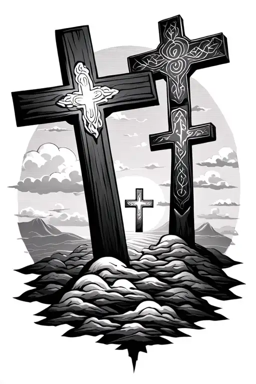 Three Crosses With Clouds And Sunset Sky