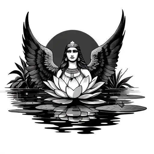 Goddess Isis With Full Set Of Wings Emerging From Torso Out Behind A Water Lily Flower And Lily Pad