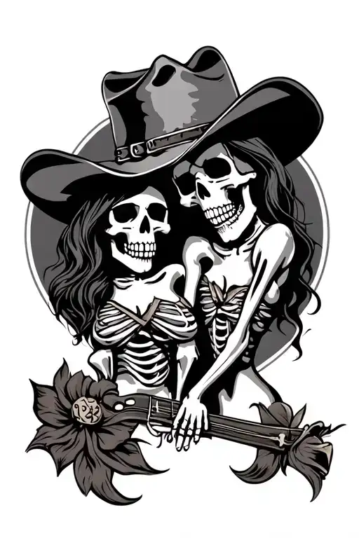 Tattoo Of A Couple Represented By Skeletons Wearing Cowboy Accessories