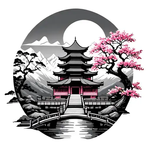 Temple With Blossom Tree Mountain Sunset Background With A Small Bridge Going Towards The Temple