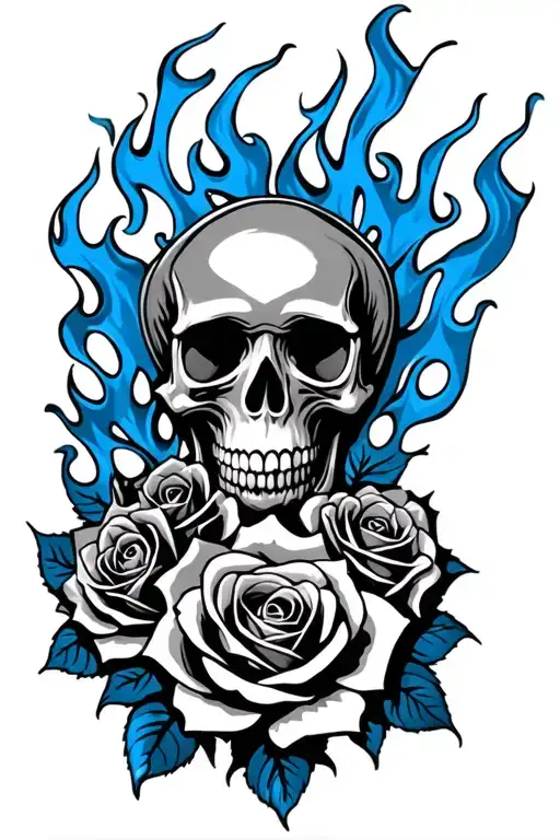 Blue Flames Skull Roses Entwined
