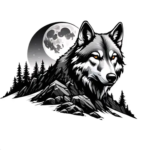Tattoo Wolf Head Realistic Friendly Over A Mountain With Many Dark Rocks And Trees With Moon In Back