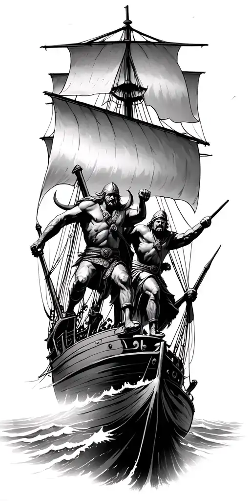 Viking Warriors Jumping Off A Ship And Going Into Battle