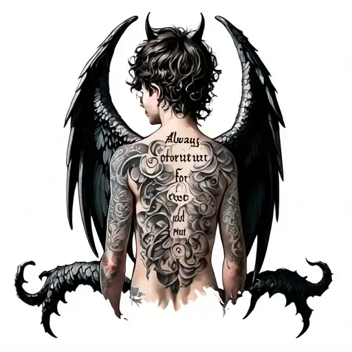 Demon Wings On My Back Tattoo With Latin On My Spine That Says Always And Forever