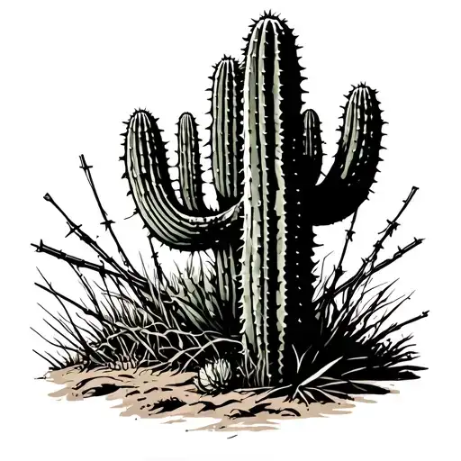 Barb Wire Western Old Fence Cactus Growing